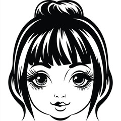 Young woman's stylized face displays big eyes and stylish hair in black and white