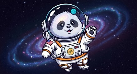 Adorable panda astronaut waving in space with a spiral galaxy background illustration
