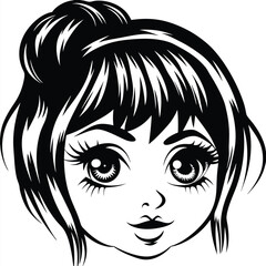 The stylized monochrome face of an anime girl displays a whimsical, attractive expression