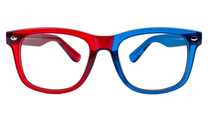 Eyeglasses with one red and one blue lens, set against a black background