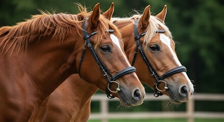 Obraz premium Two brown horses close up portrait equestrian animals against blurred background