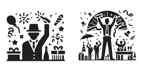 Fototapeta premium Modern Minimalist Man Celebrating Christmas Icon, Flat Silhouette of a Holiday Scene Vector for Festive Illustration Design