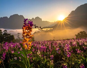 Majestic sunrise over a field of flowers and distant mountain range