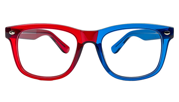 Eyeglasses with one red and one blue lens, set against a black background