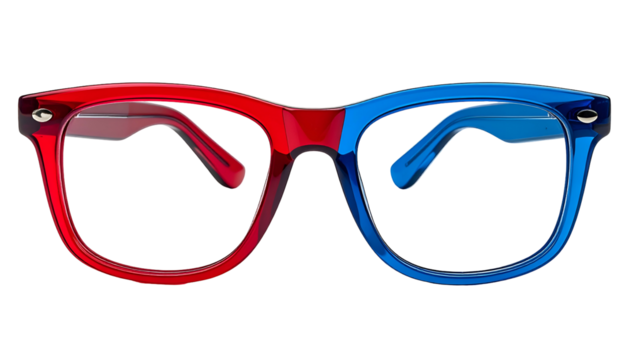 Eyeglasses with one red and one blue lens, set against a black background