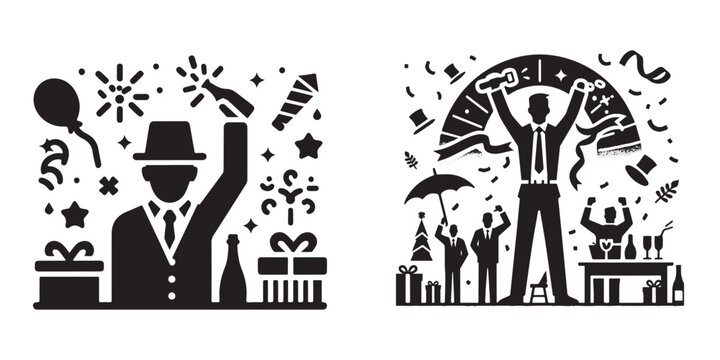 Modern Minimalist Man Celebrating Christmas Icon, Flat Silhouette of a Holiday Scene Vector for Festive Illustration Design
