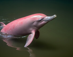 Fototapeta premium A stunning shot showcases a pink Amazon river dolphin gracefully emerging from the water., close up of a pink dolphin in swimming pool