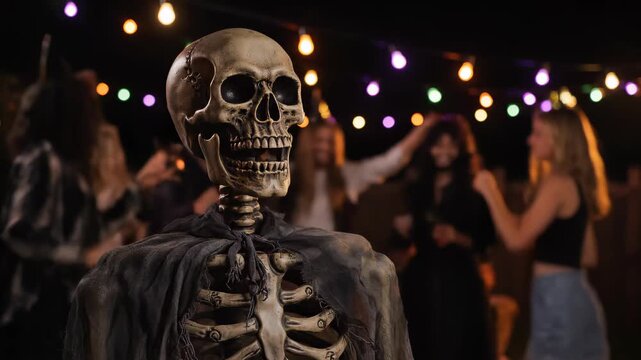 Halloween Party with Skeleton Decoration and Costumed Guests