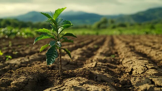 Young Coffee Plant Sprouts in Cultivated Field with Mountains Keywords: coffee plant, seedling