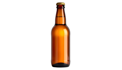 Amber glass beer bottle, gold cap, isolated on black background. Clean, simple product shot