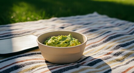 Sustainable outdoor scene with guacamole in a reusable container on a striped picnic cloth.