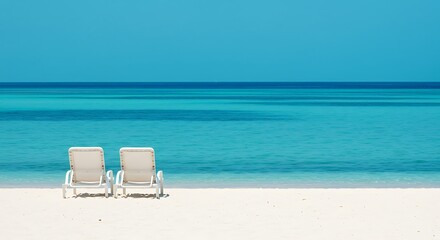 Two empty beach chairs on white sand facing turquoise ocean and blue sky