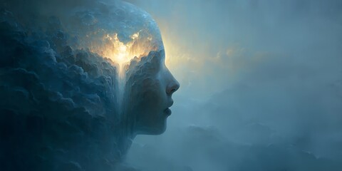 digital painting of human profile with crystal core inside glowing softly, surrounded by misty atmosphere, visual metaphor for inner clarity, 