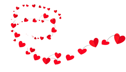 A looping spiral of red paper hearts against a black background