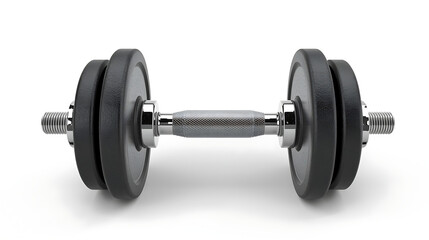 Fototapeta premium A 3D rendering of a black metal dumbbell with chrome accents, featuring circular weight plates, silver spin-lock collars, and a metallic handle, with smooth, reflective surfaces and subtle texture.