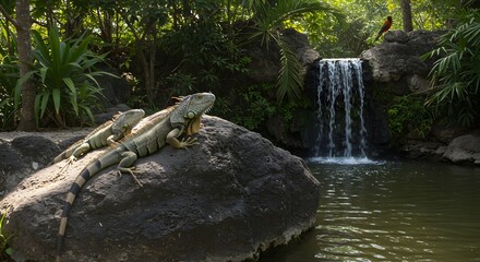 Two iguanas resting on a rock near a waterfall in a lush green environment