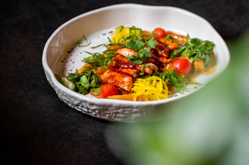 Gourmet dish with glazed meat, cherry tomatoes, shredded vegetables, and herbs on a white ceramic plate. Artistic food presentation on dark background with plant detail.