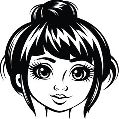 Monochrome drawing depicts a girl with a bun hairstyle and large, expressive eyes