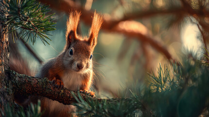 Red Squirrel on Pine Branch