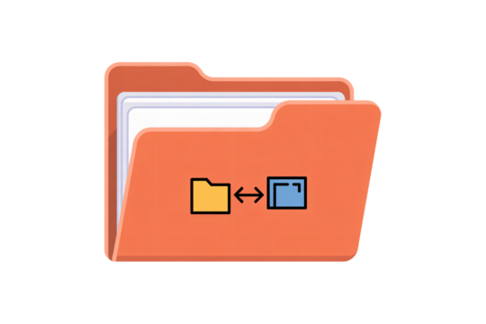 Data transfer concept: Orange folder icon with yellow and blue data symbols, arrows showing secure file exchange, modern clean design for business. - Powered by Adobe