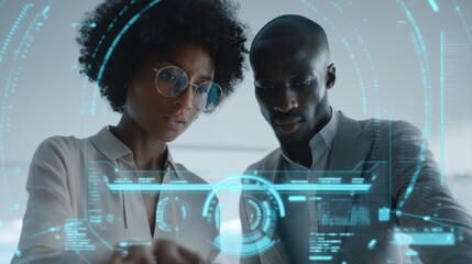 Two professionals analyze futuristic technology in a modern workspace, with digital interfaces and holograms enhancing their collaborative efforts, colleagues helping in teamwork with AI