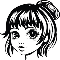 Stylized girl face with a bun and big eyes rendered in black and white