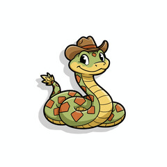 Fototapeta premium Cute cartoon rattlesnake wearing a cowboy hat with a cheerful expression, on white background, copy space