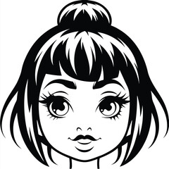 Pretty cartoon girl face is showing a smile with short dark hair