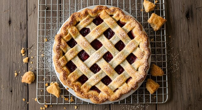 Delicious Cherry Pie With Lattice Crust On Cooling Rack: Sweet Treat, Baked Dessert, Homemade Goodness And Rustic Presentation. Classic American Food For Gatherings And Celebrations,