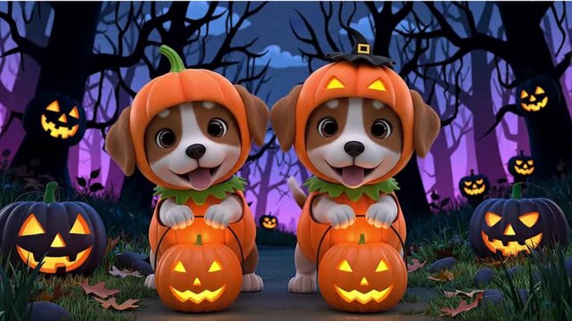Halloween puppies in pumpkin costumes, cute cartoon dogs in spooky forest, animated jack-o-lantern scene with glowing pumpkins and autumn leaves