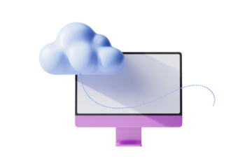 Modern cloud computing concept with desktop computer and data connection symbol, ideal for technology, business, and digital marketing