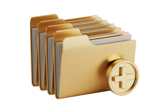 Golden file folders with a plus symbol representing adding and organizing information, ideal for digital data management and workflow solutions