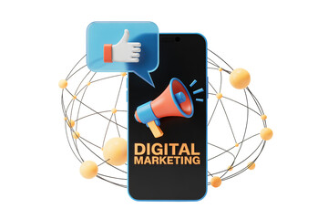 Boost your digital marketing with a modern smartphone concept featuring a megaphone, thumbs up, and global network for social media success