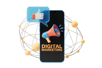 Boost your digital marketing with a modern smartphone concept featuring a megaphone, thumbs up, and global network for social media success