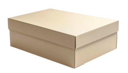 A rectangular, beige box with a lid, casting a slight shadow against a black backdrop