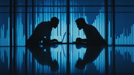 Two silhouettes of people engaged in discussion over a laptop, with a digital sound wave background in shades of blue, colleagues helping in teamwork
