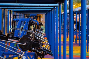 Rows of outdoor gym equipment set in a vibrant park at twilight, inviting people to exercise and enjoy the scenery.