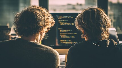 Two individuals collaborate in front of a computer, engaged in coding or programming, illuminated by natural light from a nearby window, colleagues helping in teamwork
