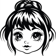 Monochrome cartoon portrait reveals a lovely young girl with her hair styled in a beautiful bun
