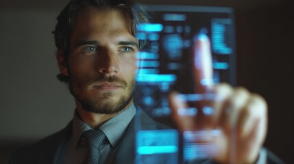 A focused man in a suit interacts with digital data on a holographic interface, showcasing futuristic technology, colleagues helping in teamwork