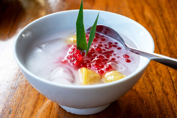 Close up of Es Teler Indonesian fruit cocktail dessert