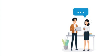 A professional illustration of two colleagues engaging in conversation, one holding a tablet and the other a coffee cup, with a speech bubble overhead, colleagues helping in teamwork