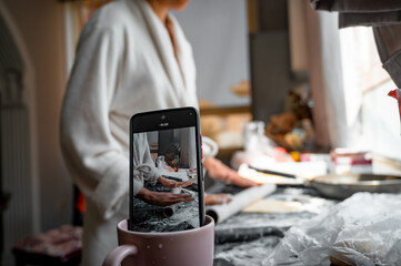 Homemade baking idea in the kitchen, smartphone view, lifestyle content