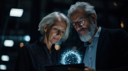 A senior couple engages with a digital display, showcasing a glowing network model, symbolizing technology and innovation in a modern setting, colleagues helping in teamwork