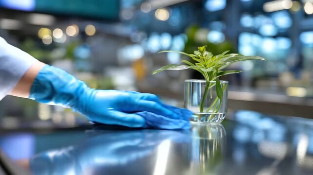 Sustainable cleaning concept &mdash; gloved hand cleaning reflective surface with plant-based solution, clean industrial environment, soft depth of field, with copy space.