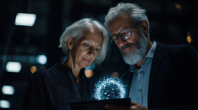 A senior couple engages with a digital display, showcasing a glowing network model, symbolizing technology and innovation in a modern setting, colleagues helping in teamwork