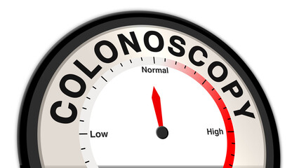 Colonoscopy at normal severity shown on a barometer or tachometer, reflecting a routine diagnostic procedure for monitoring colon health, with moderate concerns or risk factors to address
