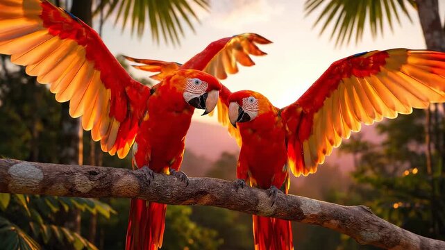 Two scarlet macaws perched on a branch at sunset