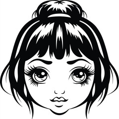 Linear design shows a young woman's face with stylized hair and exaggerated eyelashes