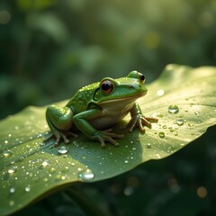 Obraz premium Morning Dew: The Frog on the Taro Leaf